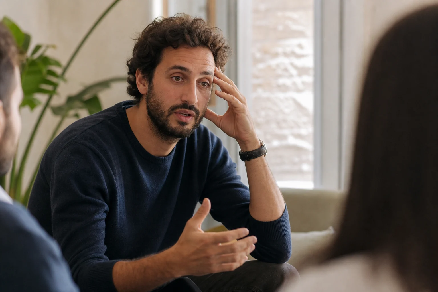 Un uomo esita mentre cerca le parole durante una conversazione